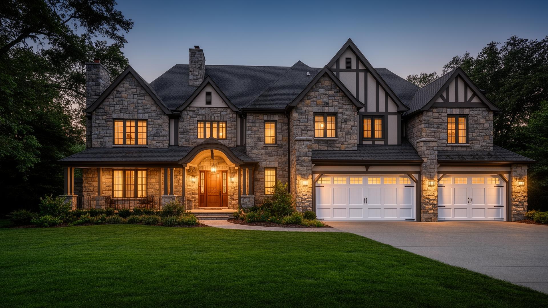 Beautiful Tudor style home with white traditional raised panel garage doors at dusk